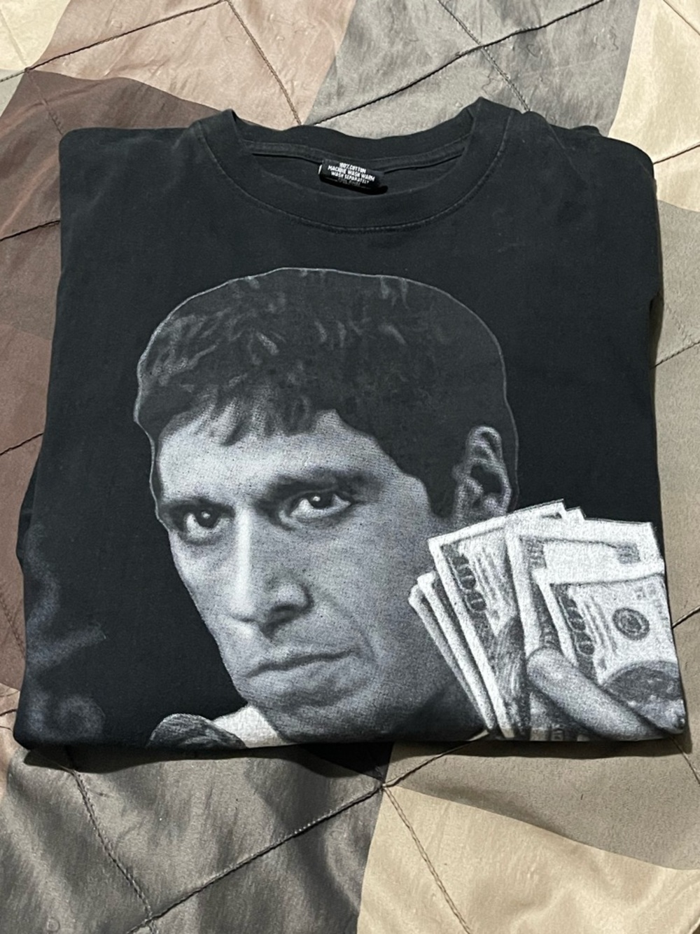 Black Short Sleeve Scarface Graphic Tee with Monochrome Face & Money Print